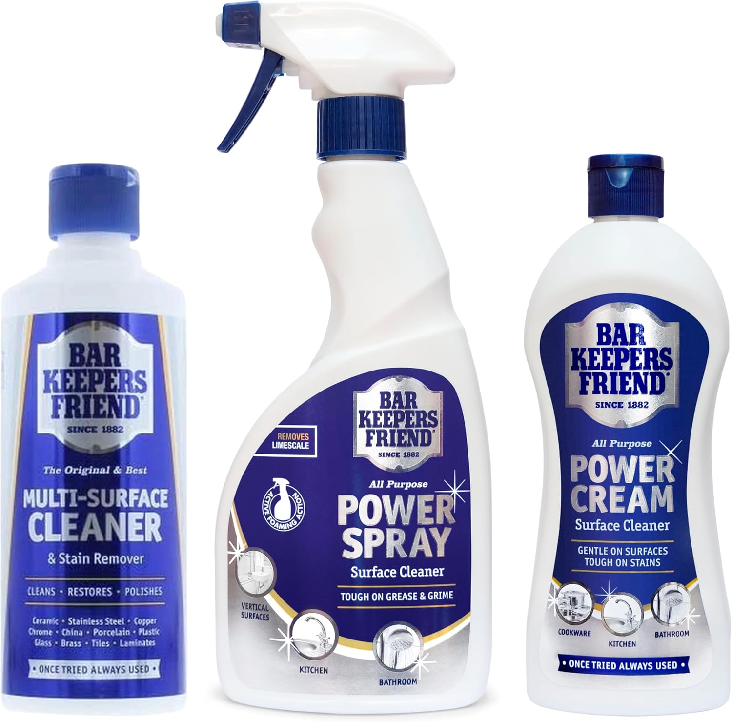 Bar Keepers Friend Bundle Pack - Power Spray, Power Cream and Multi-Surface Cleaner - Great for Cleaning Kitchens, Bathrooms, Cookware, Limescale and Stubborn Stains