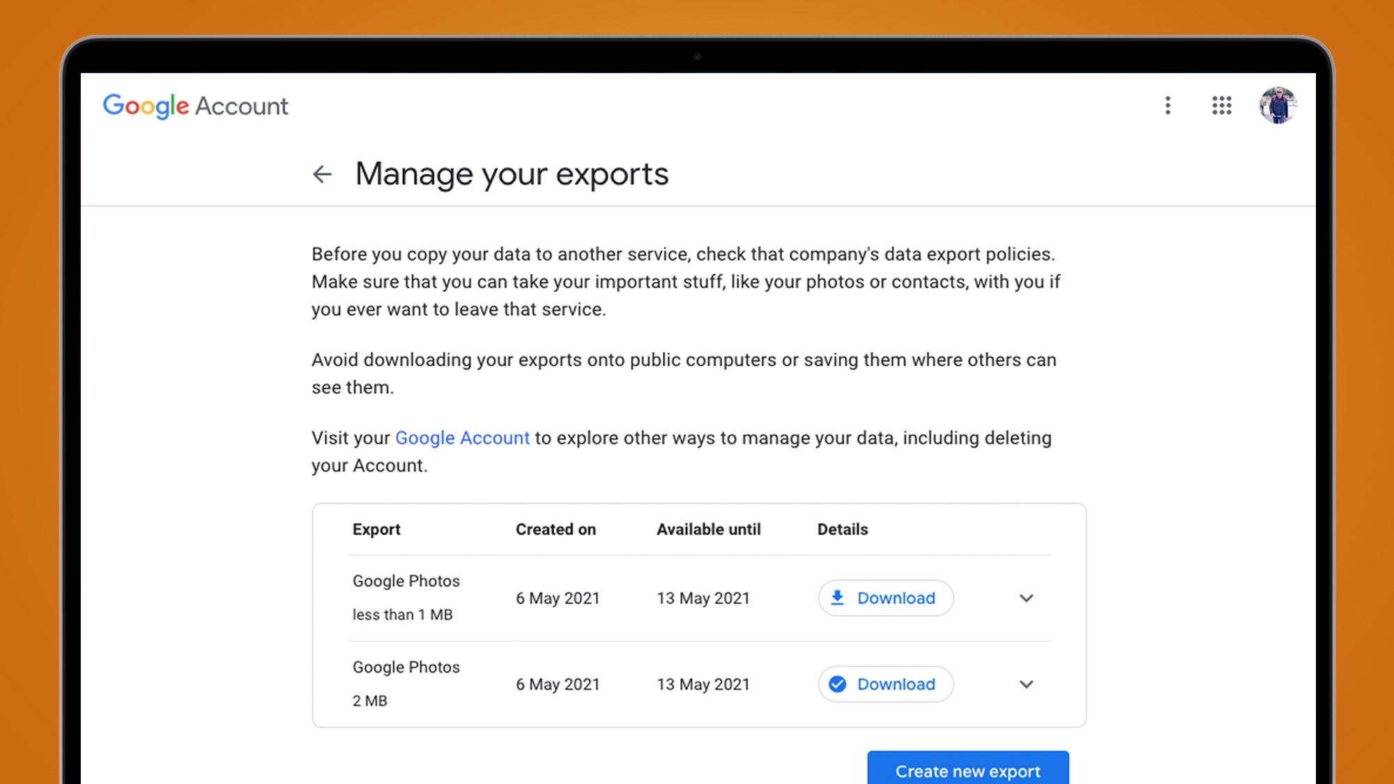 Manage your exports screen