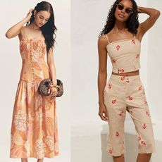models wear clothing sold at anthropologie. first model is wearing a capri set with nautical themed graphics, the second is wearing a orange farm rio dress, and the third is wearing long denim shorts and a white tee