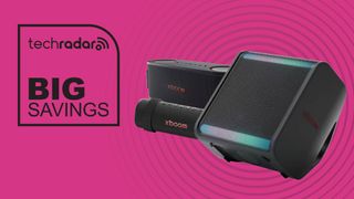 LG xboom speakers on magenta background with the words 'TechRadar: Big Savings'