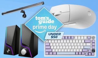 PC accessories on blue field with Prime Day under $50 deal tag superimposed