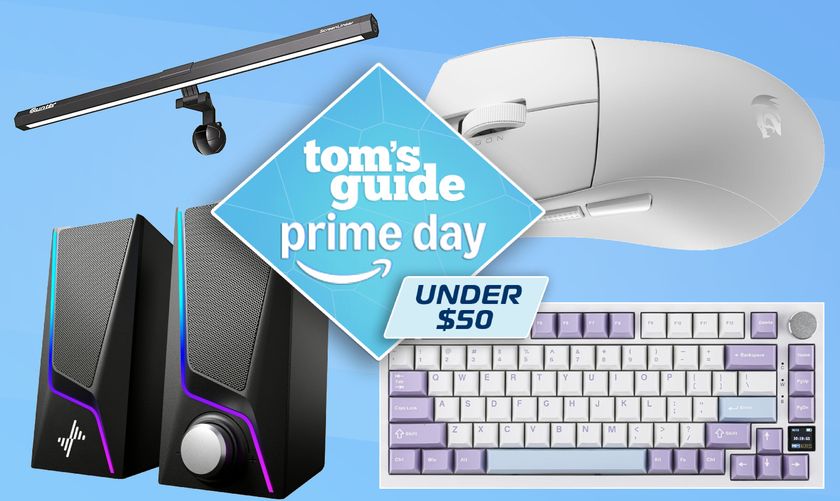 PC accessories on blue field with Prime Day under $50 deal tag superimposed