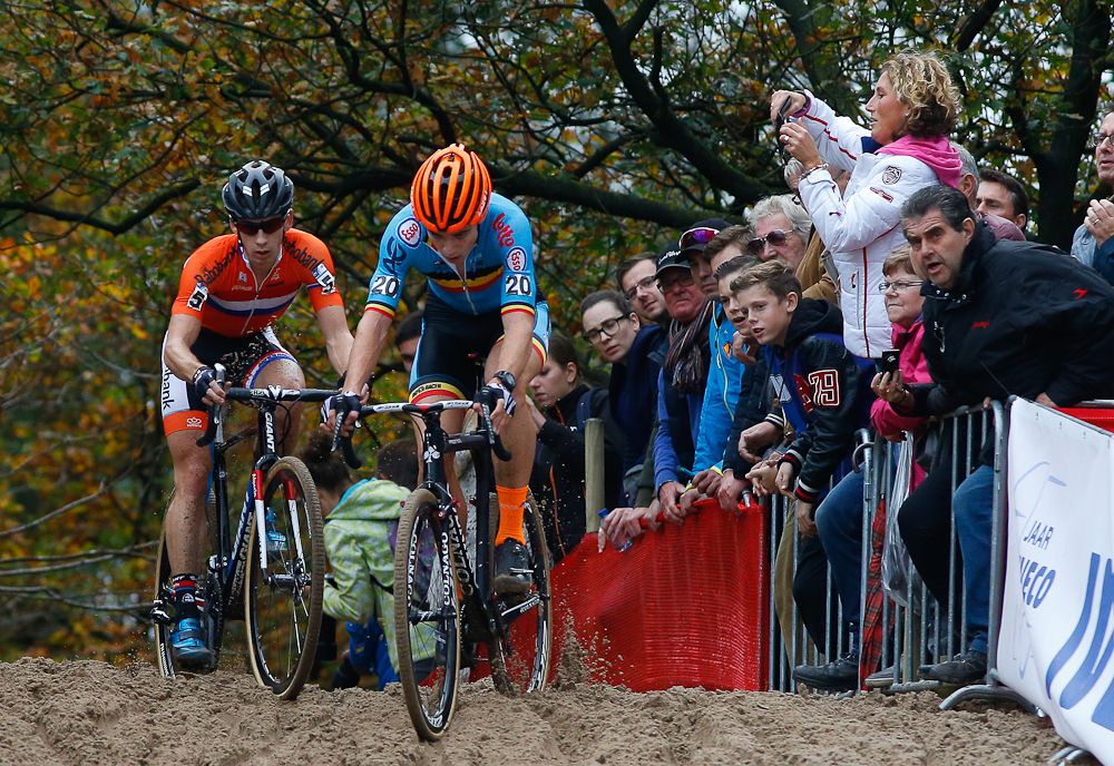 Wout cvan Aert and Lars van der Haar battle at the 2015 European championships.