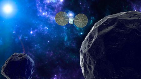 An artist's impression of a spacecraft approaching an asteroid