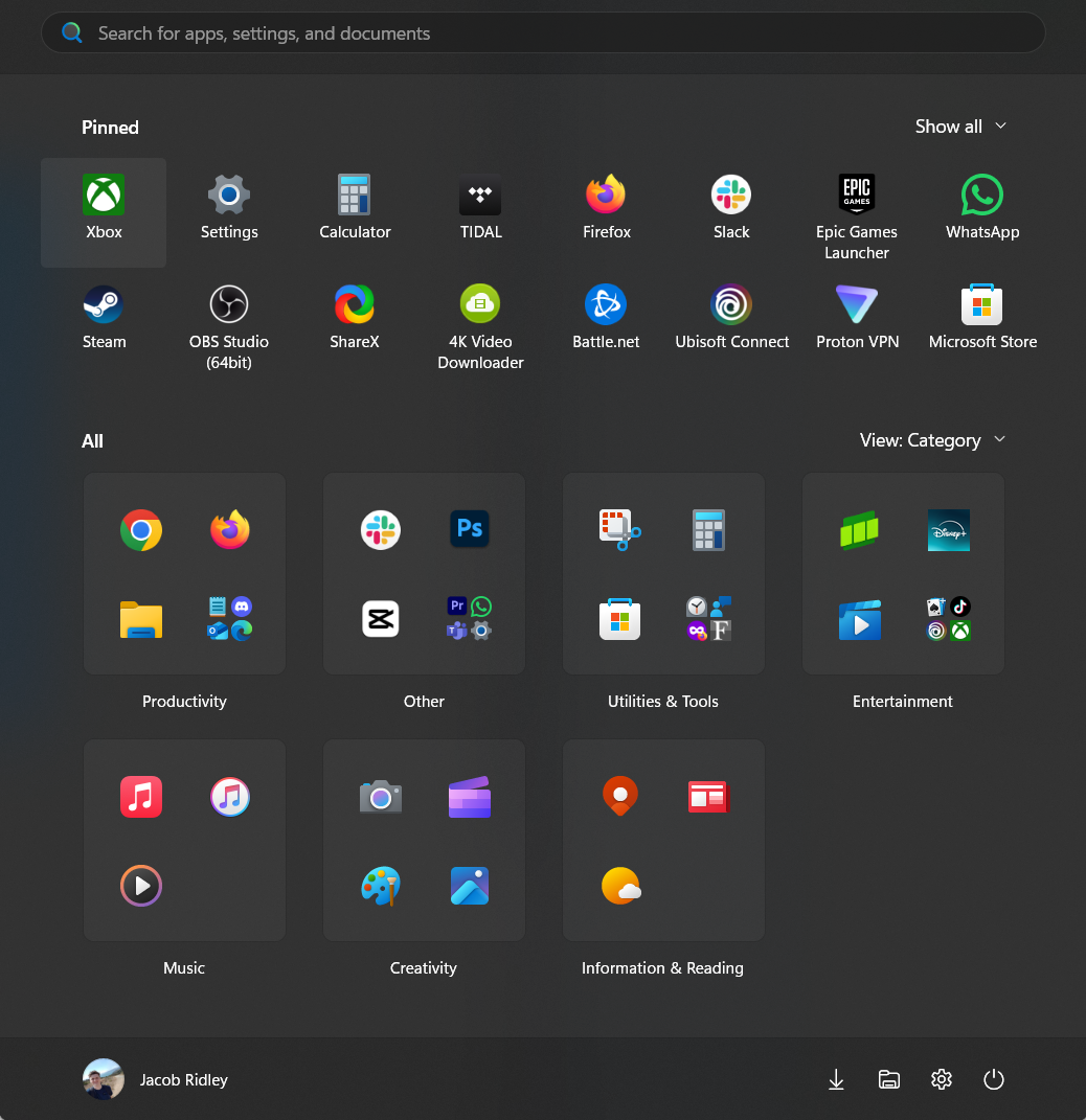The new Windows 11 Start menu in category view