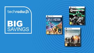 Battlefield 6, Split Fiction, and Madden NFL 26 retail ps5 boxes against a blue background