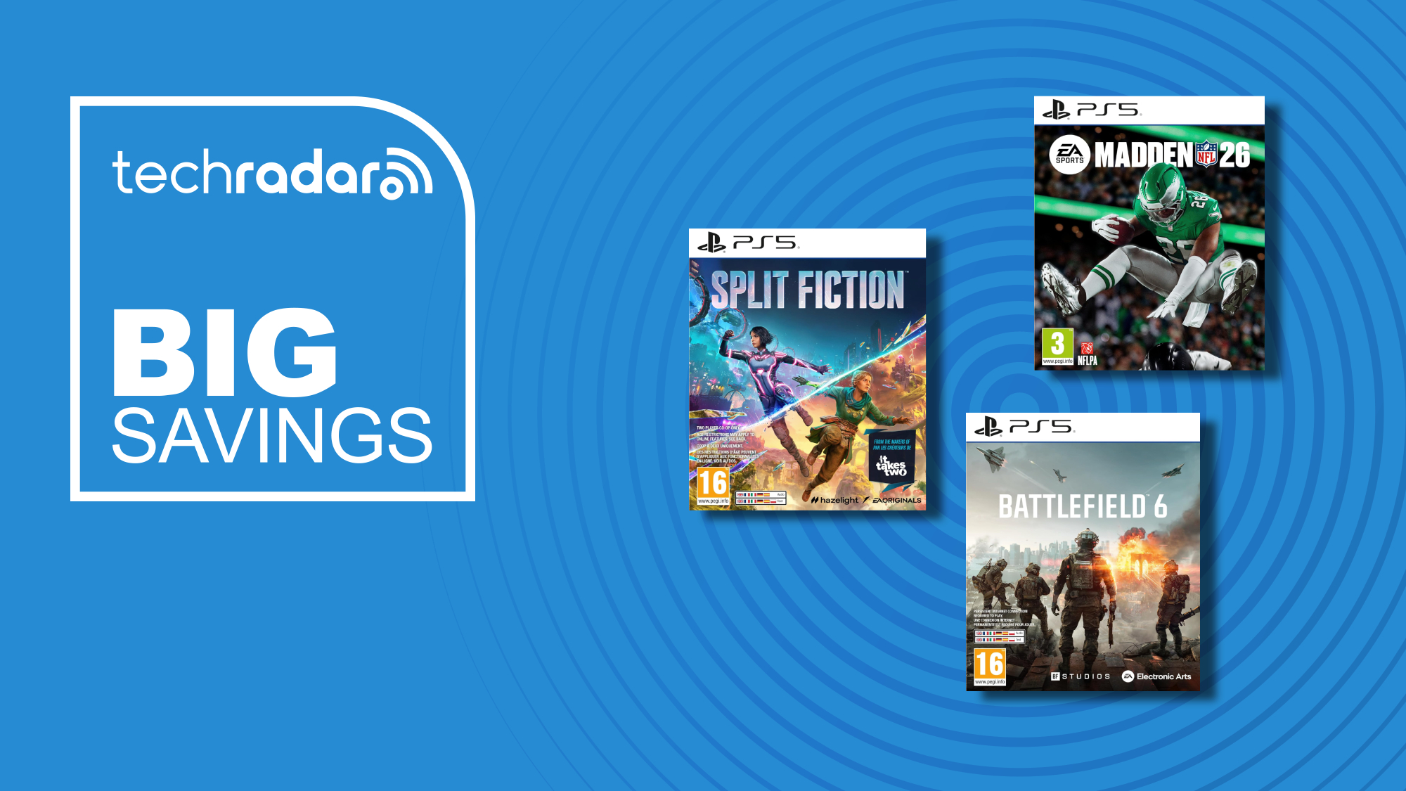 Battlefield 6, Split Fiction, and Madden NFL 26 retail ps5 boxes against a blue background