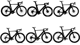 A group of six aero road bike silhouettes against a white background