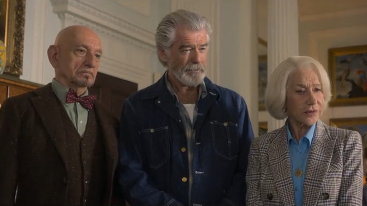 Ben Kingsley, Pierce Brosnan, and Helen Mirren looking ahead in The Thursday Murder Club.
