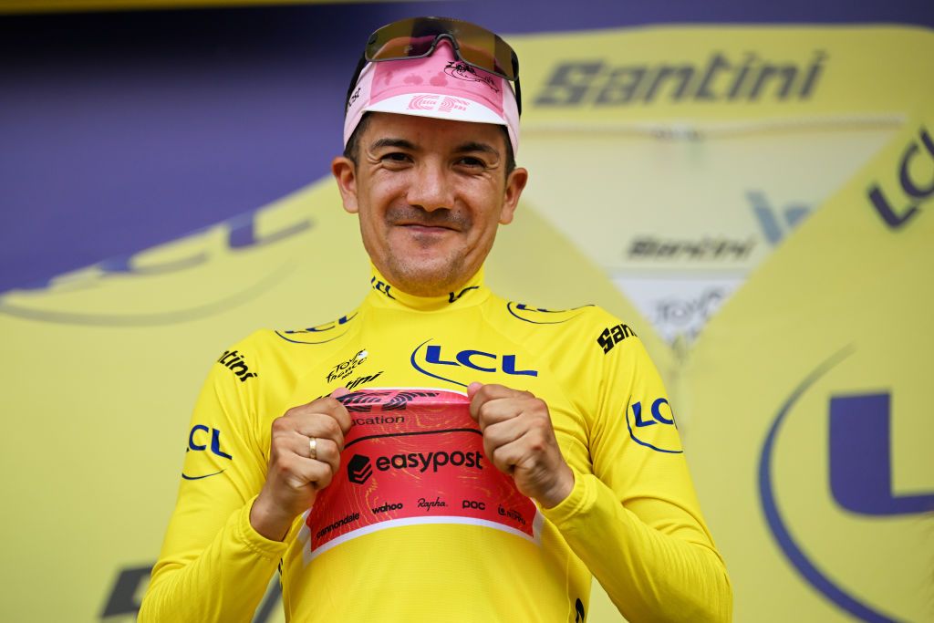 TORINO ITALY JULY 01 Richard Carapaz of Ecuador and Team EF Education EasyPost kisses the Yellow Leader Jersey at podium during the 111th Tour de France 2024 Stage 3 a 2308km stage from Piacenza to Torino UCIWT on July 01 2024 in Torino Italy Photo by Tim de WaeleGetty Images