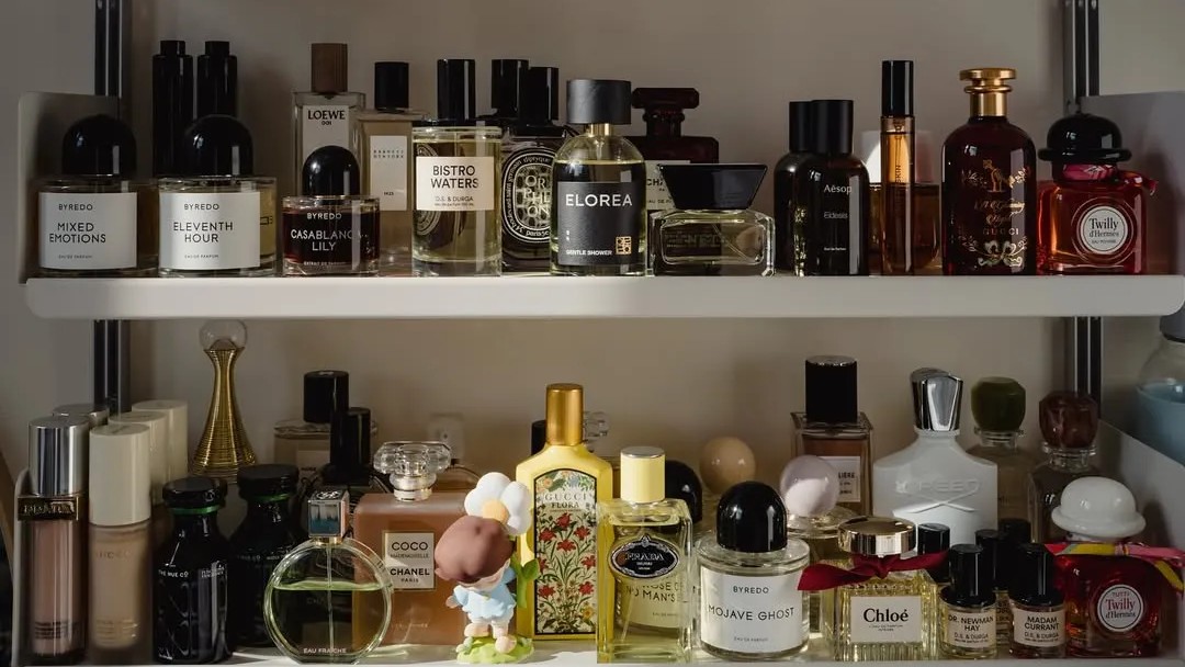 Photo of perfume bottles on a shelf