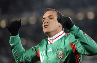 Cuauhtemoc Blanco celebrates after scoring for Mexico against France at the 2010 World Cup.