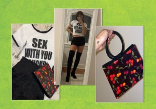 Sadie Bell in a white graphic baby tee, black micro shorts, black thigh-high boots, and a cherry handbag