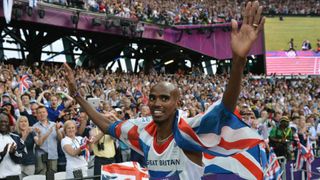 Mohamed Farah of Great Britain celebrates winning gold in the Men's 5000m Final on Day 15 of the London 2012 Olympic Games at Olympic Stadium on August 11, 2012 in London, England.