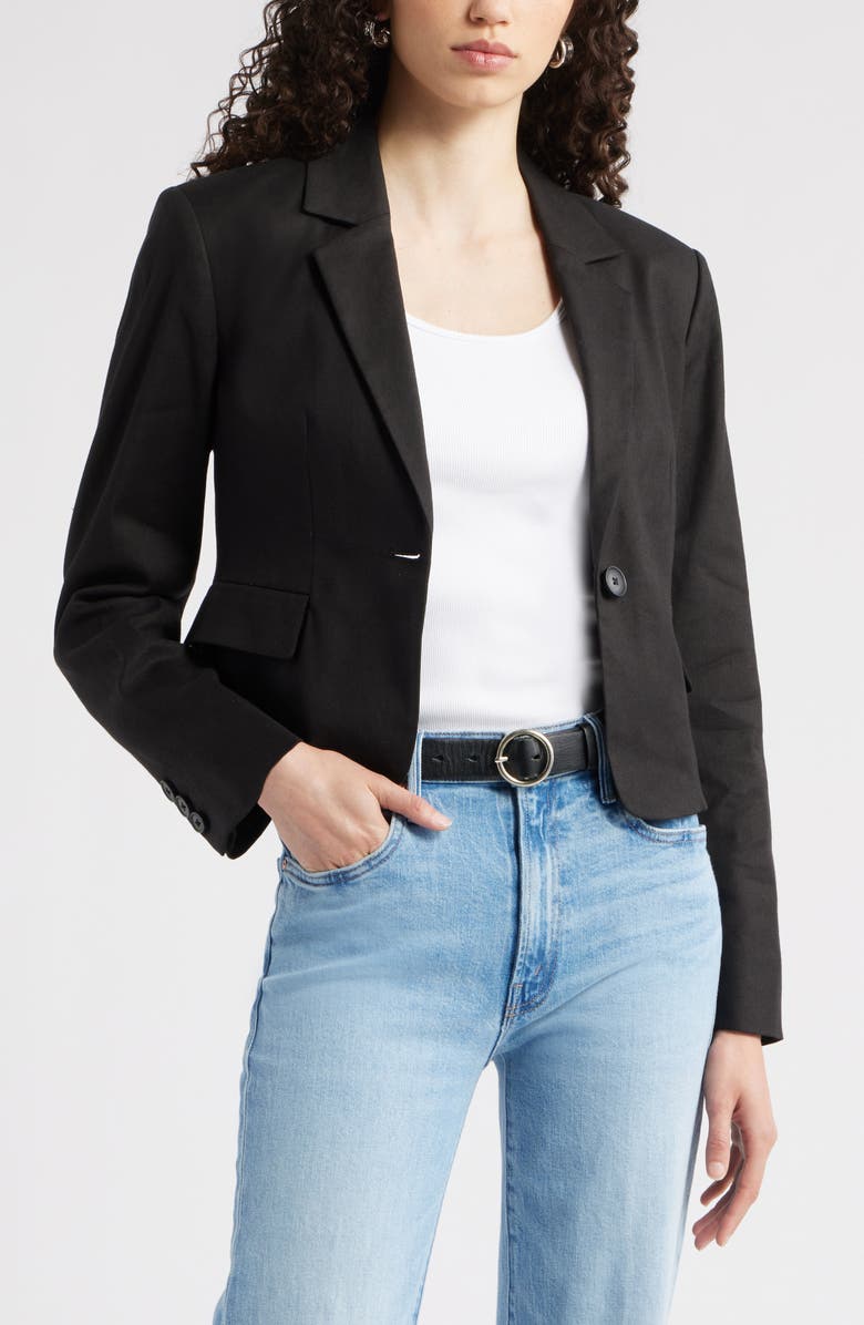 Crop One-Button Linen Blend Blazer