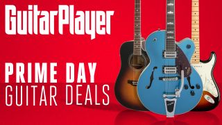 Prime Day guitar deals graphic featuring three guitars next to each other
