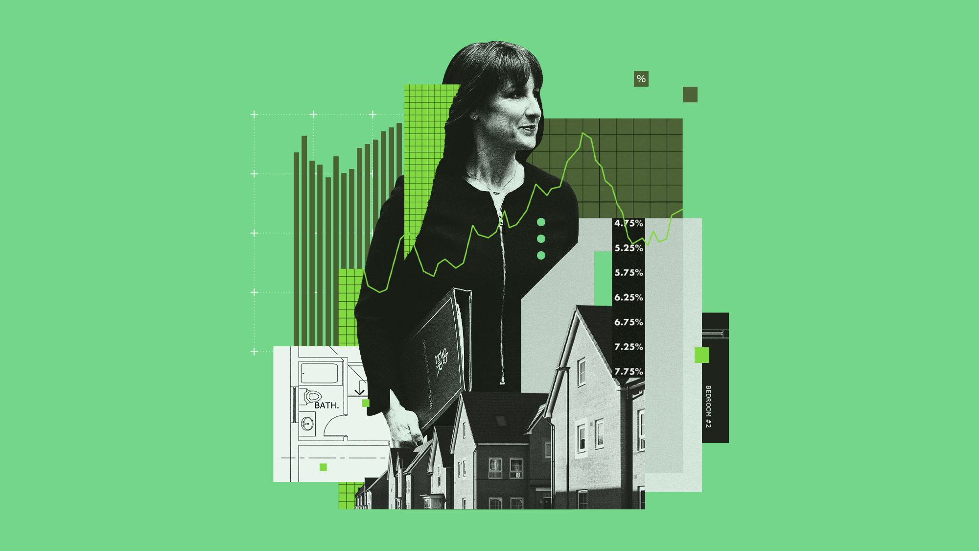 Photo composite illustration of Rachel Reeves with financial charts and detached homes