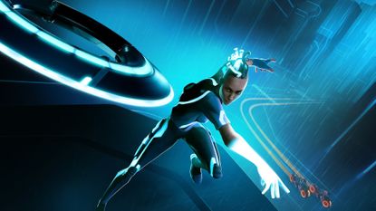 Exo throws an identity disc with lightcycles in the background in the key art for Tron: Catalyst
