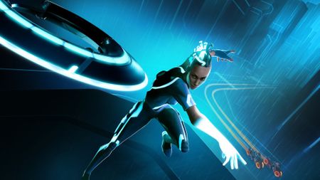 Exo throws an identity disc with lightcycles in the background in the key art for Tron: Catalyst