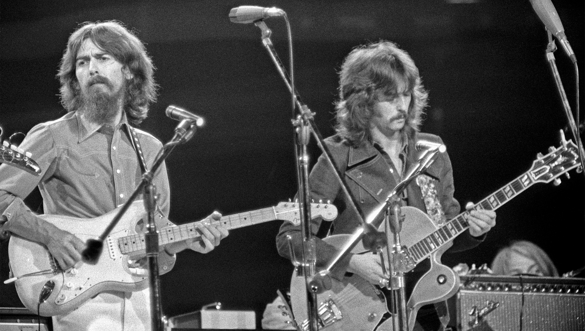 George Harrison and Eric Clapton performing at the Concert for Bangladesh at Madison Square Garden, August 1, 1971