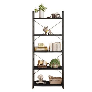 A black bookshelf with accessories on it