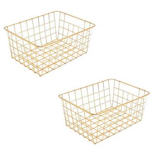 Cratone 2 Pieces Gold Storage Basket, Metal Wire Basket With Handles, Decorative Baskets, Wire Basket Organiser for Kitchen, Bedroom, Bathroom