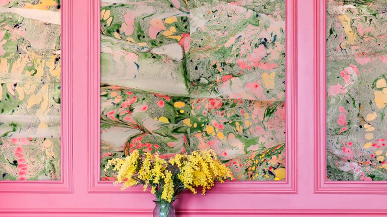 Marble decorating ideas Nat Mak's marbled papers used in a period living room with panels painted in bright pink 