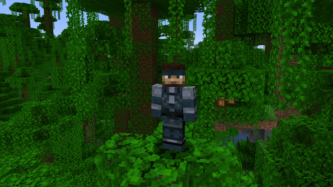 Uma skin Minecraft de Solid Snake em cima de uma árvore da selva