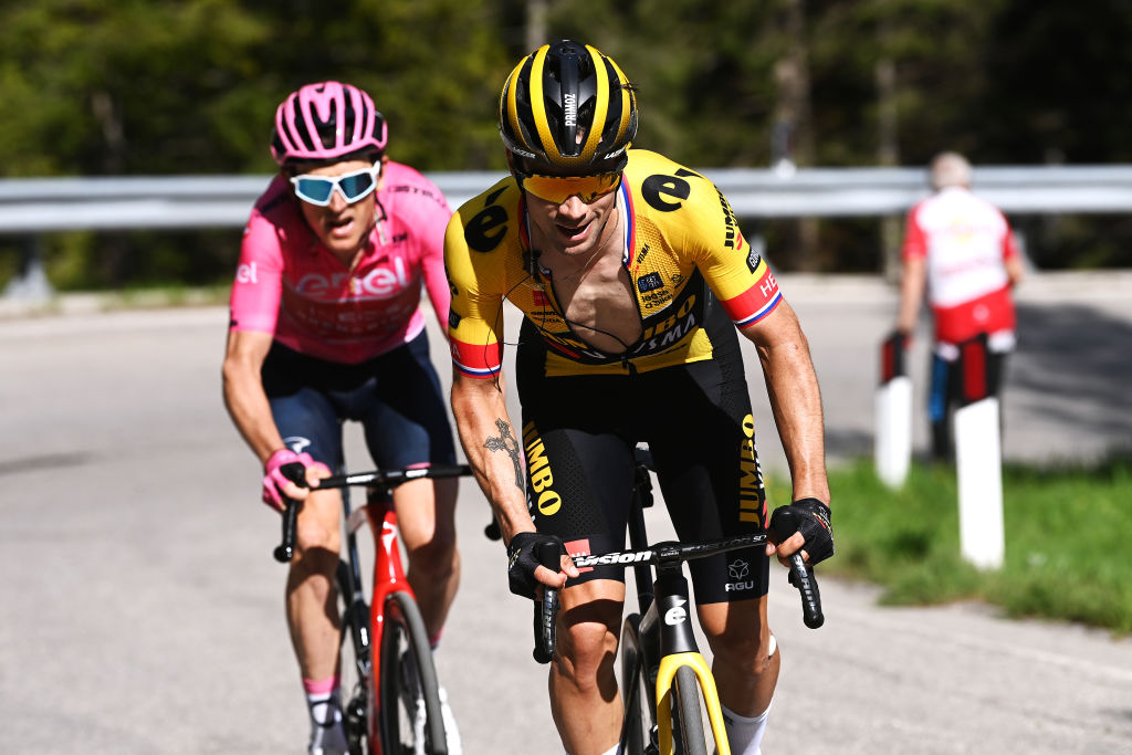 VAL DI ZOLDO PALAFAVERA ITALY MAY 25 LR Geraint Thomas of The United Kingdom and Team INEOS Grenadiers Pink Leader Jersey and Primo Rogli of Slovenia and Team JumboVisma compete in the chase group during the 106th Giro dItalia 2023 Stage 18 a 161km stage from Oderzo to Val di Zoldo Palafavera 1514m UCIWT on May 25 2023 in Val di Zoldo Palafavera Italy Photo by Tim de WaeleGetty Images