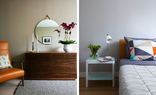 Left picture of a table against a wall and the right picture of a bed and a bedside table