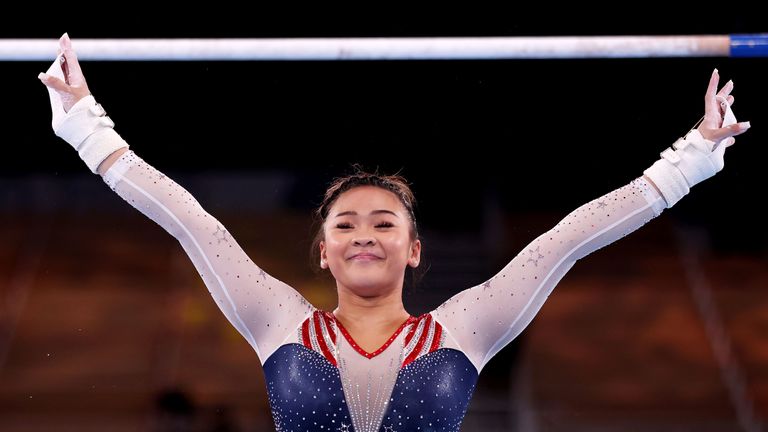 tokyo, japan july 29 sunisa lee of team united states reacts after competing on uneven bars during the womens all around final on day six of the tokyo 2020 olympic games at ariake gymnastics centre on july 29, 2021 in tokyo, japan photo by jamie squiregetty images