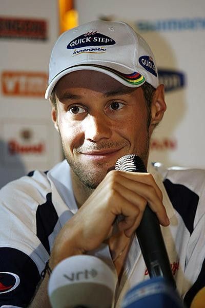 Boonen answers questions from the press.