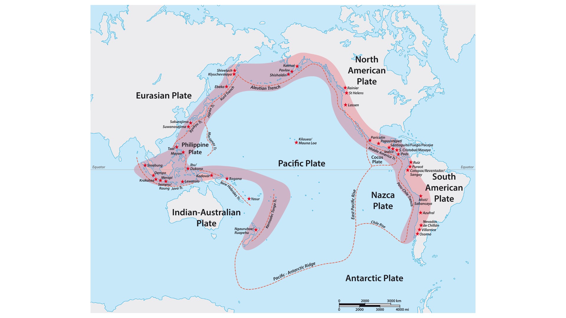 Vector map of the Pacific Ring of Fire with the main volcanoes.