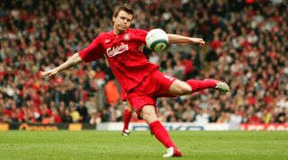 LIVERPOOL, ENGLAND - APRIL 30: John Arne Riise of Liverpool in action during the Barclays Premiership match between Liverpool and Middlesbrough at Anfield on April 30, 2005 in Liverpool, England. (Photo by Clive Brunskill/Getty Images)