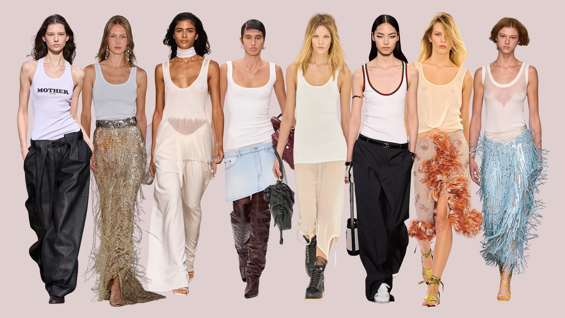 Women in various white scoop neck tank tops on the SS25 runway