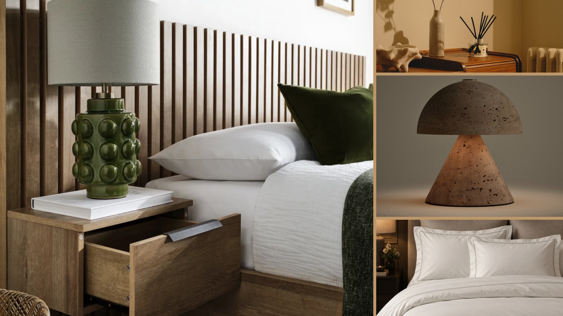Time4Beds Bed Frame in bamboo with bedding, cushions, and a lamp, next to the Jo Malone diffuser, an M&amp;S lamp, and bed sheets