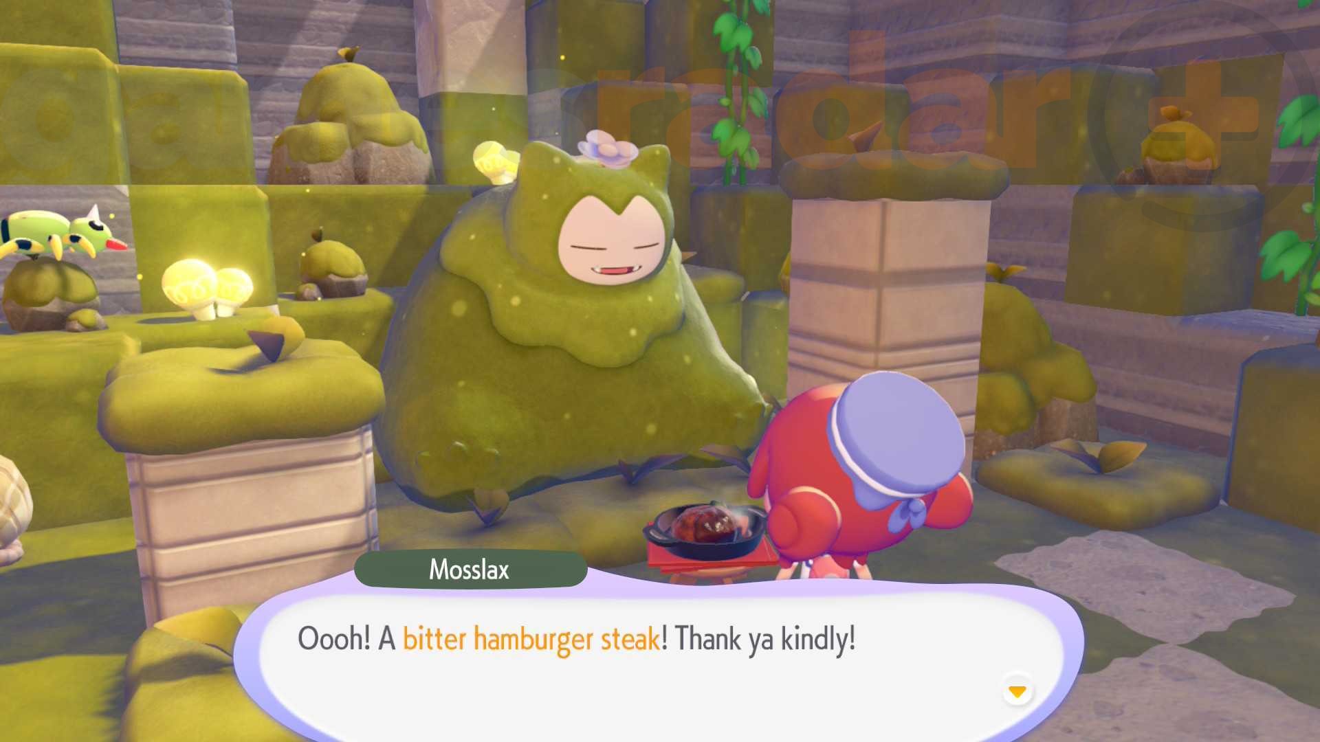 Mosslax accepts an offering of a bitter hamburger steak, triggering the rewards for the bitter Pokopia flavor.