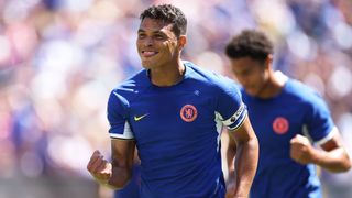 Thiago Silva of Chelsea celebrates after scoring the team's first goal ahead of the Chelsea vs Borussia Dortmund live stream on August 2, 2023