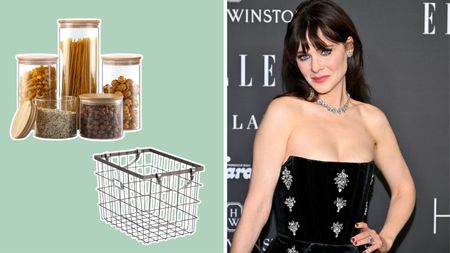 Zooey Deschanel on right in black dress, glass storage jars and storage basket on green background on left