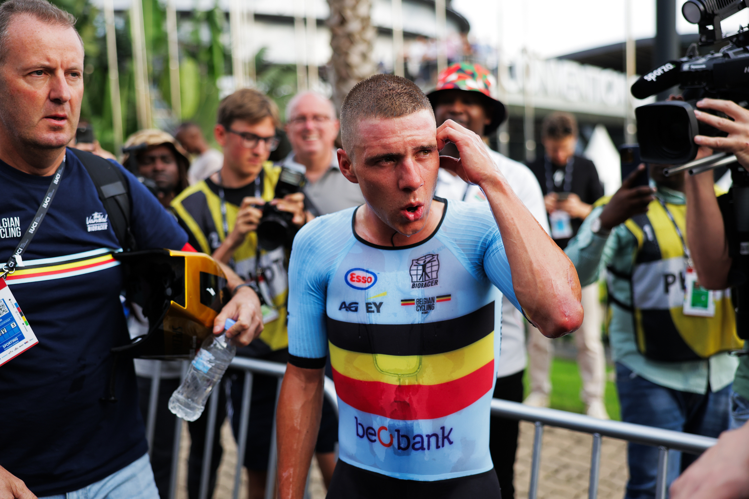 Picture by Alex Whitehead/SWpix.com - 21/09/2025 - Cycling - 2025 UCI Road World Championships - BK Arena to Kigali Convention Centre, Kigali, Rwanda - Men Elite Individual Time Trial (ITT) - Remco Evenepoel (Belgium) Wins the Men Elite Individual Time Trial (ITT) World Championship