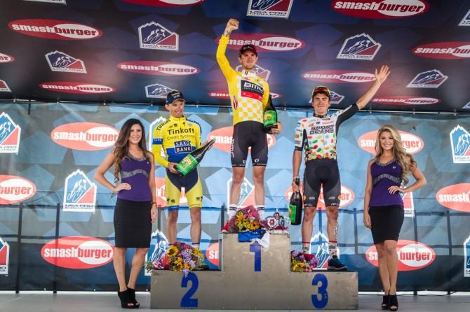 The stage podium: Rafal Majka, Tejay van Garderen and Serghei Tvetcov