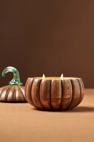 Lit two-wick Wooden Pumpkin Candle 