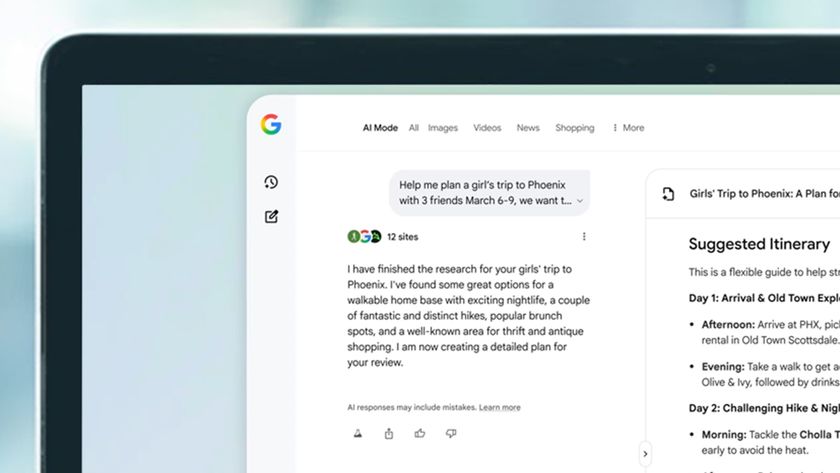 A laptop screen showing Google&#039;s AI mode helping with travel enquiries