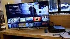Television screen displaying the French user interface of US online streaming giant Netflix