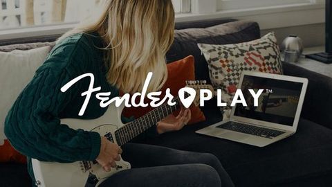 Fender Play logo laid over the top of a woman playing guitar