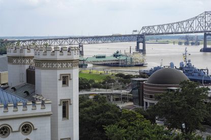 Overlooking the Old State Capitol, the planetarium, bridge, Mississippi River and USS Kidd at Baton Rouge, Louisiana