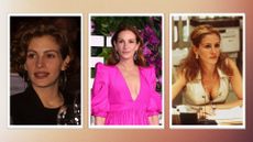 three of Julia Roberts's best beauty looks on a warm brown ombre background