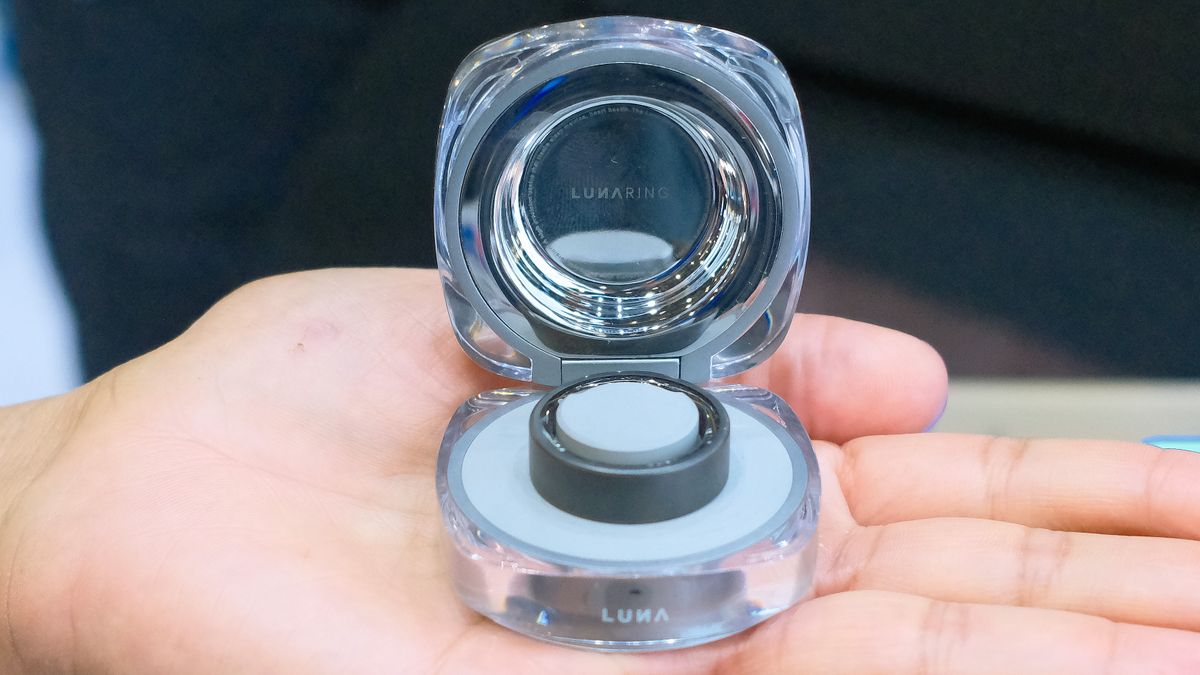 The Noise Luna Ring 2 shown up close in the palm of a hand inside its charging case at CES 2025