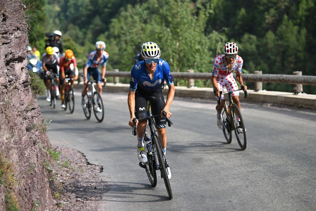 COL DE LA COUILLOLE FRANCE JULY 20 LR Enric Mas of Spain and Movistar Team and Richard Carapaz of Ecuador and Team EF Education EasyPost Polka dot Mountain Jersey compete in the breakaway during the 111th Tour de France 2024 Stage 20 a 1328km stage from Nice to Col de la Couillole 1676m UCIWT on July 20 2024 in Col de la Couillole France Photo by Dario BelingheriGetty Images