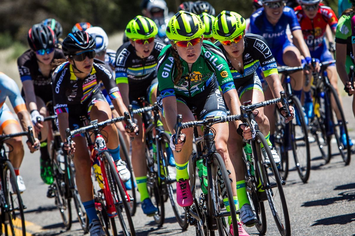 Lauren Stephens (TIBCO) riding in the sprint jersey during stage 2 at Tour of the Gila.